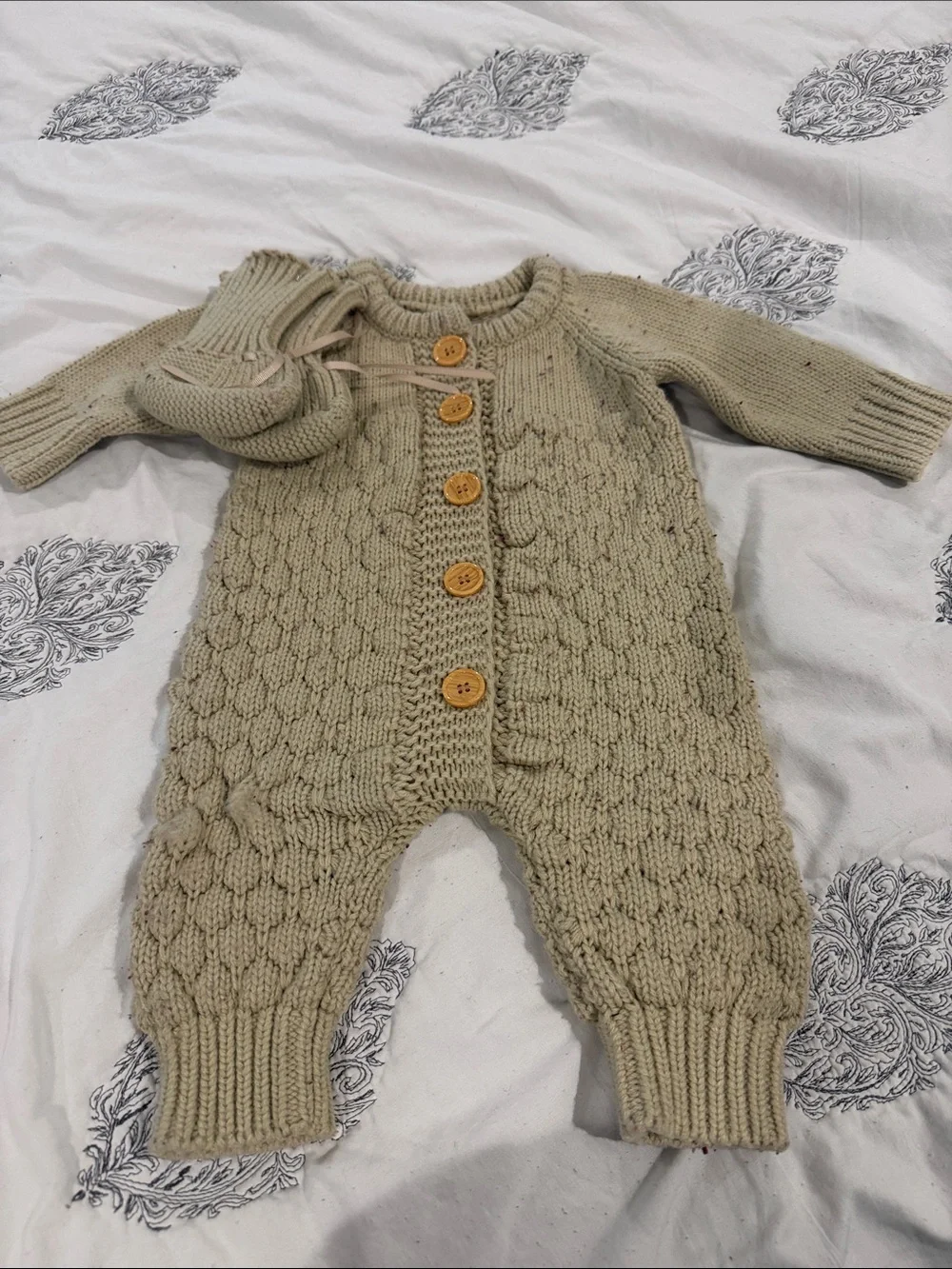 Speckled Cable Knit Baby One-Piece Romper in Beige Cozy Matching Booties